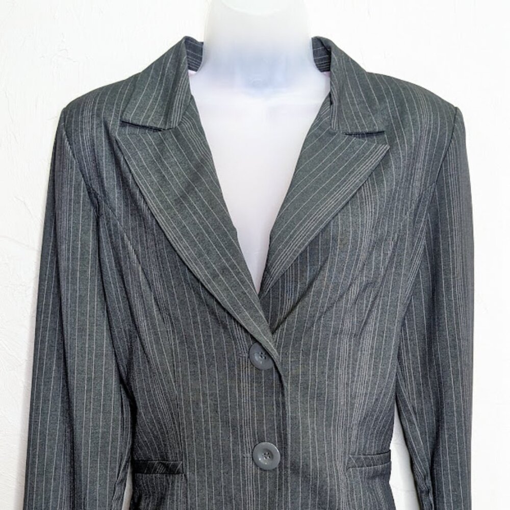 Y2K Office Siren Pinstripe Blazer Womens L Gray Striped Vintage Business Jacket - Picture 3 of 5